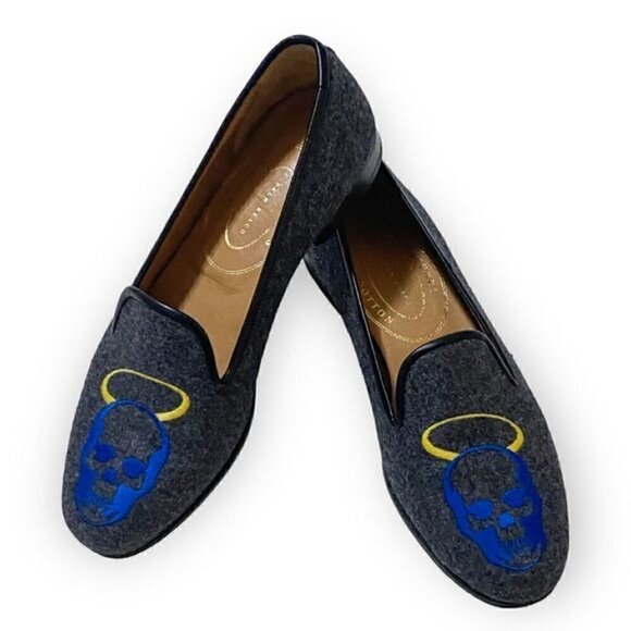 Stubbs & Wootton Gray Flannel Skull and Angel Slip on Loafers. Size 6 - Picture 3 of 10